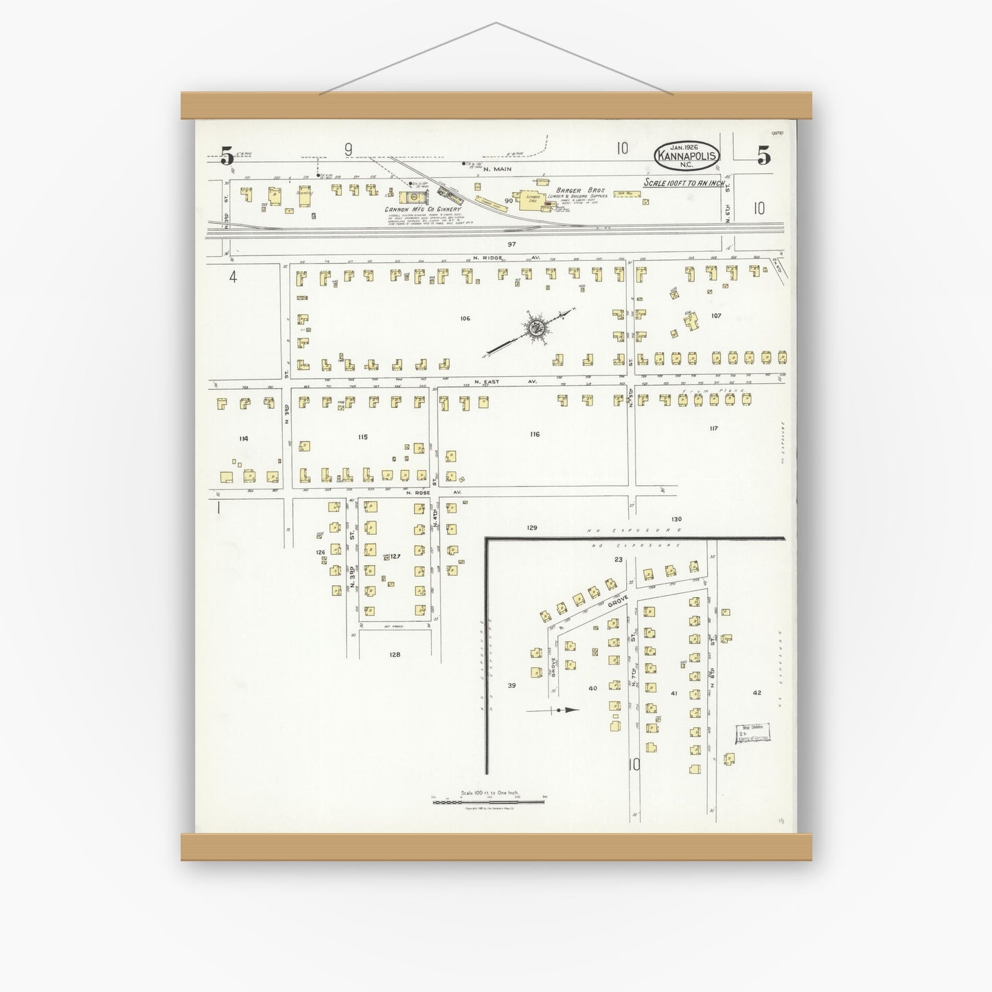 Old map wall art mockup — magnetic wood frame on white wall — Sanborn Fire Insurance Map from Kannapolis, Rowan And Cabarrus Counties, North Carolina (1926), Sheet #0005