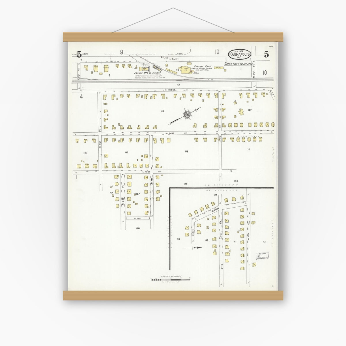 Old map wall art mockup — magnetic wood frame on white wall — Sanborn Fire Insurance Map from Kannapolis, Rowan And Cabarrus Counties, North Carolina (1926), Sheet #0005