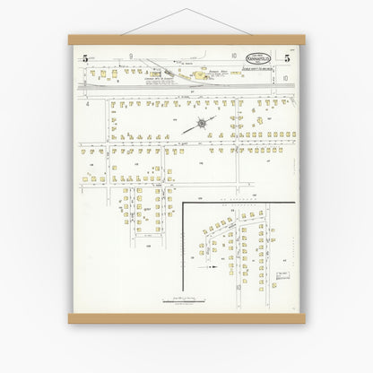 Old map wall art mockup — magnetic wood frame on white wall — Sanborn Fire Insurance Map from Kannapolis, Rowan And Cabarrus Counties, North Carolina (1926), Sheet #0005