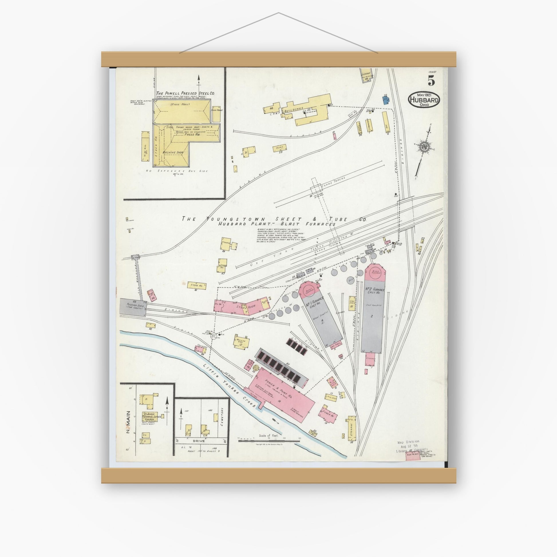 Old map wall art mockup — magnetic wood frame on white wall — Sanborn Fire Insurance Map from Hubbard, Trumbull County, Ohio (1921), Sheet #0005