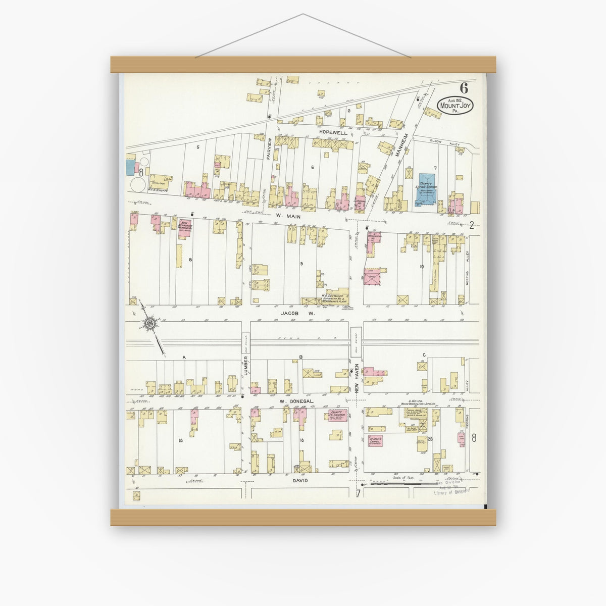 Old map wall art mockup — magnetic wood frame on white wall — Sanborn Fire Insurance Map from Mount Joy, Lancaster County, Pennsylvania (1912), Sheet #0006