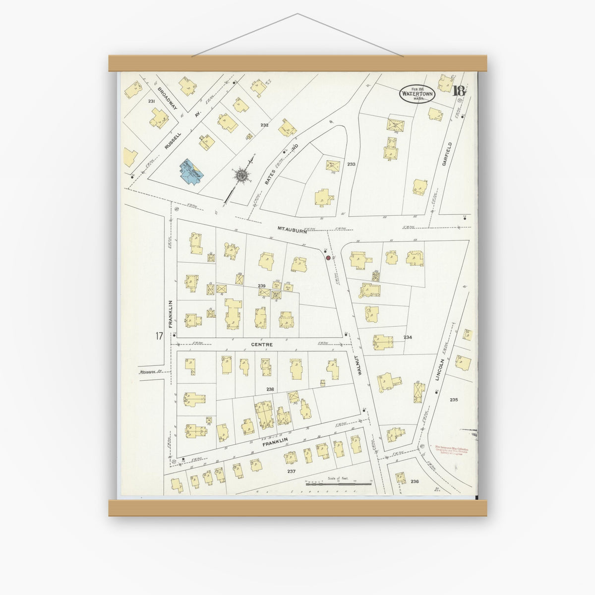 Old map wall art mockup — magnetic wood frame on white wall — Sanborn Fire Insurance Map from Watertown, Middlesex County, Massachusetts (1911), Sheet #0018