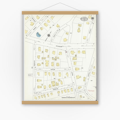 Old map wall art mockup — magnetic wood frame on white wall — Sanborn Fire Insurance Map from Watertown, Middlesex County, Massachusetts (1911), Sheet #0018