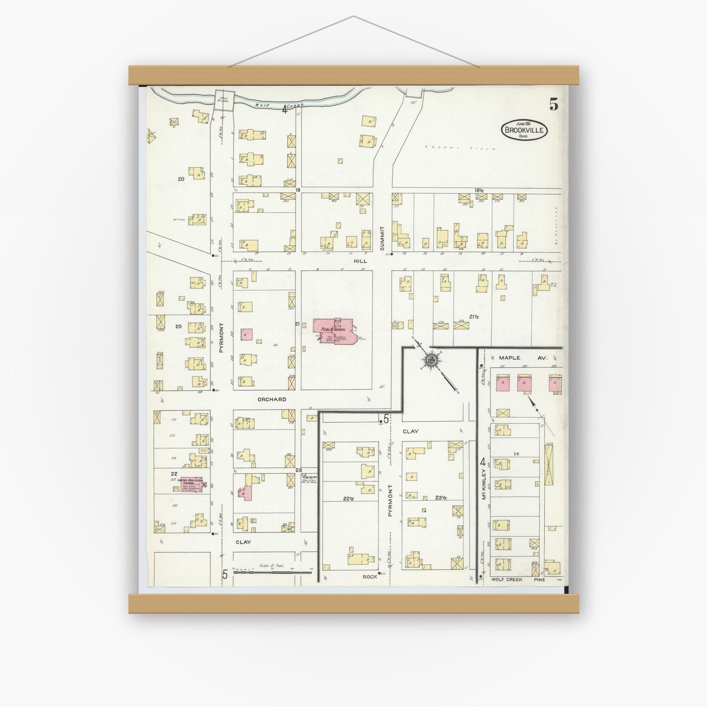 Old map wall art mockup — magnetic wood frame on white wall — Sanborn Fire Insurance Map from Brookville, Montgomery County, Ohio (1911), Sheet #0005