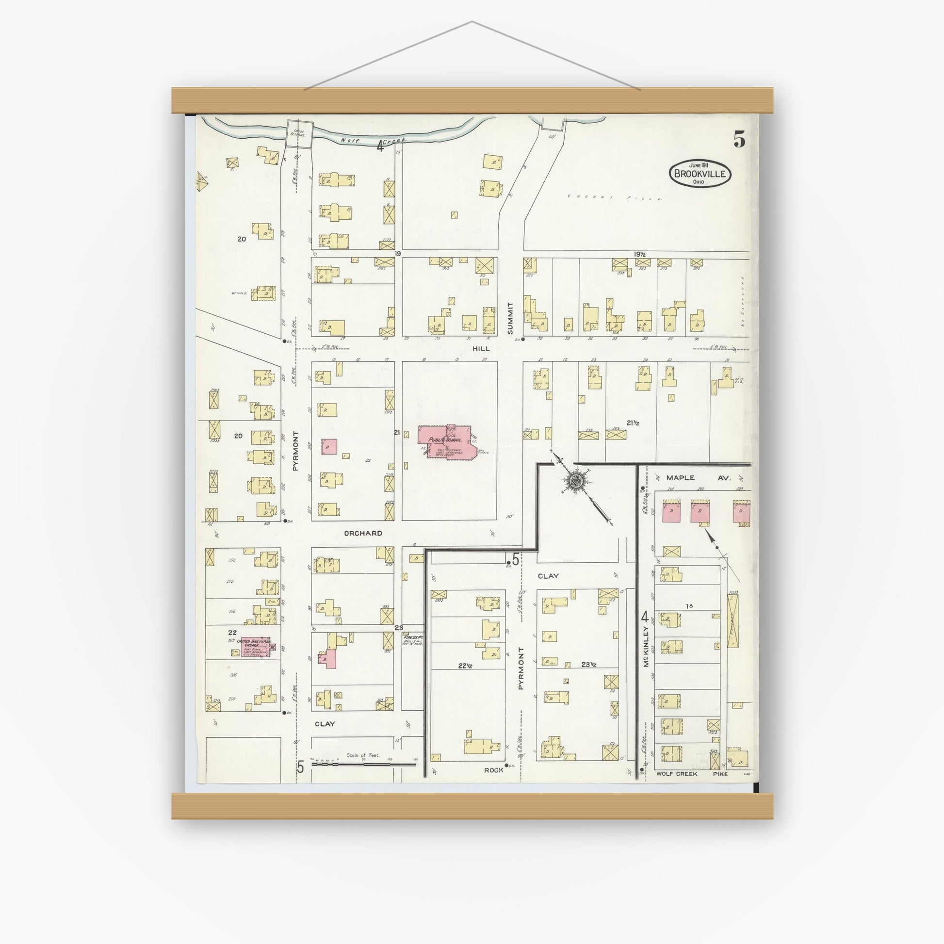 Old map wall art mockup — magnetic wood frame on white wall — Sanborn Fire Insurance Map from Brookville, Montgomery County, Ohio (1911), Sheet #0005