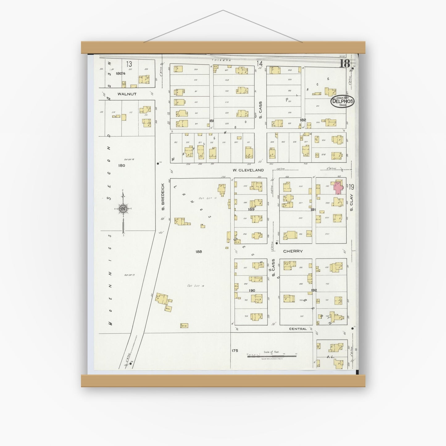 Old map wall art mockup — magnetic wood frame on white wall — Sanborn Fire Insurance Map from Delphos, Van Wert And Allen Counties, Ohio (1921), Sheet #0018