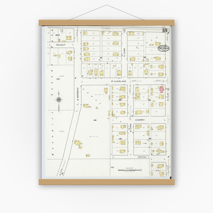 Old map wall art mockup — magnetic wood frame on white wall — Sanborn Fire Insurance Map from Delphos, Van Wert And Allen Counties, Ohio (1921), Sheet #0018