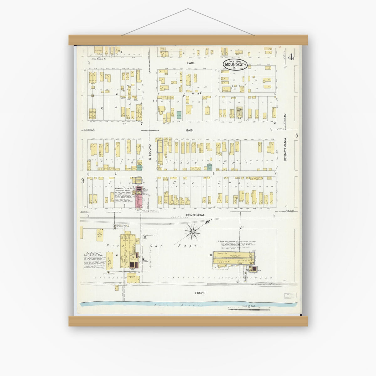 Old map wall art mockup — magnetic wood frame on white wall — Sanborn Fire Insurance Map from Mound City, Pulaski County, Illinois (1907), Sheet #0004