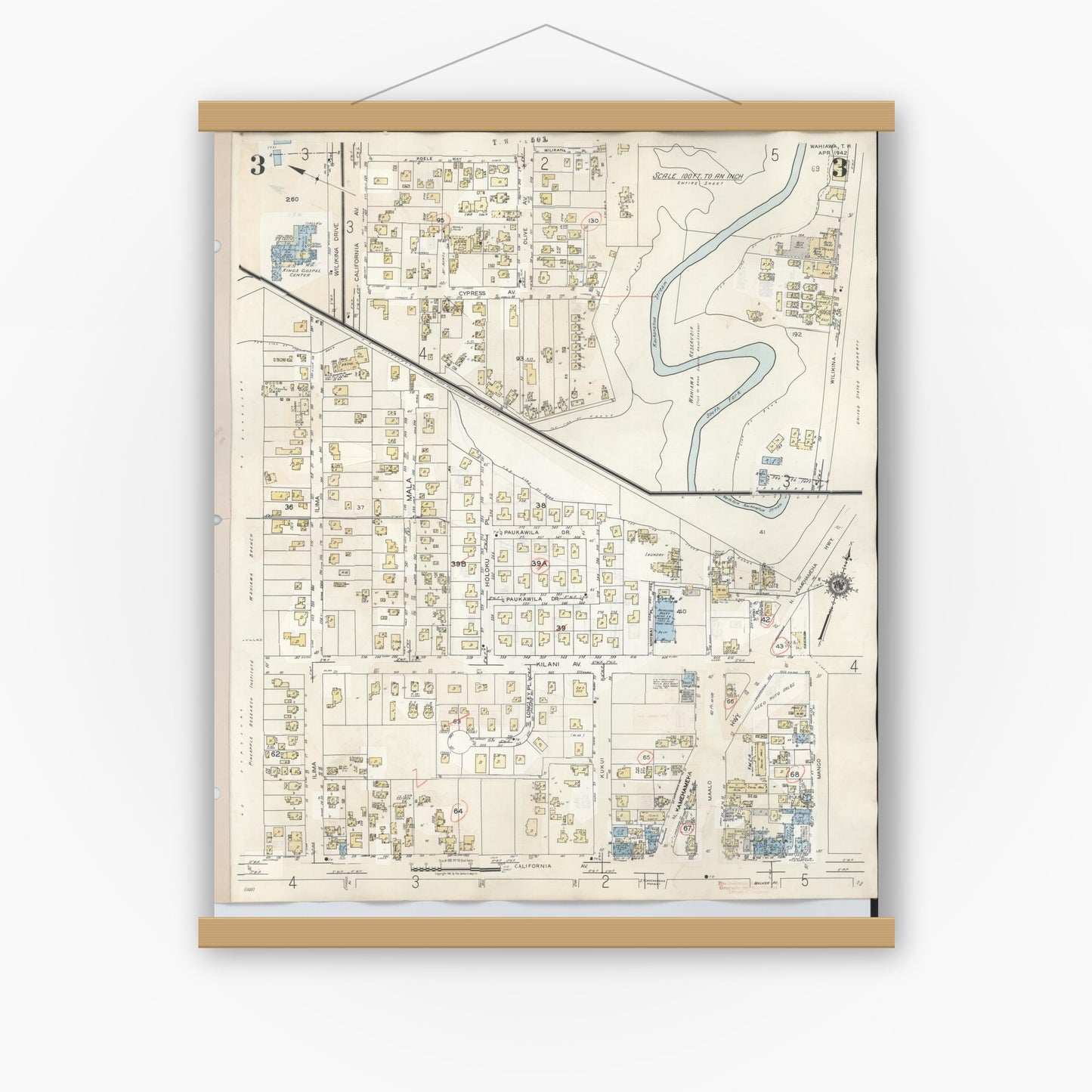 Old map wall art mockup — magnetic wood frame on white wall — Sanborn Fire Insurance Map from Wahiawa, Honolulu County, Hawaii (1957), Sheet #0003