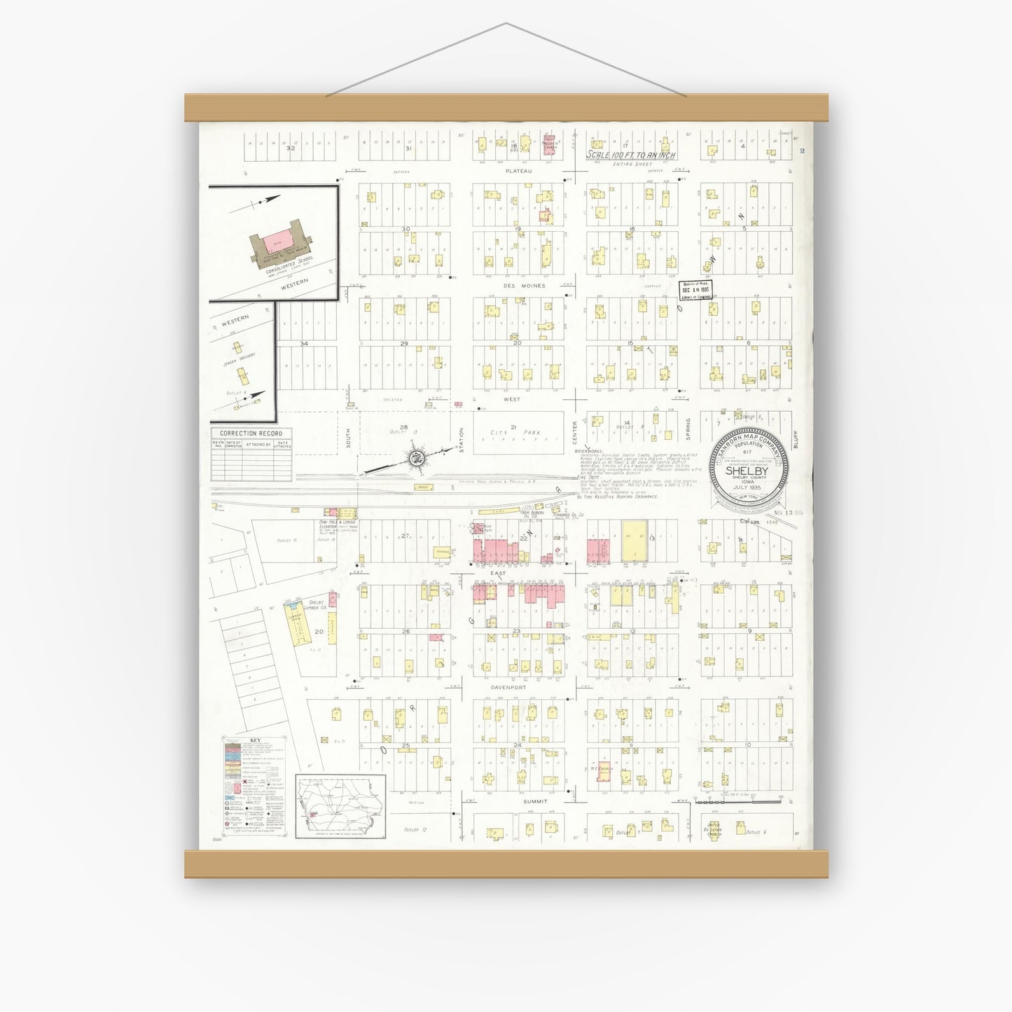 Old map wall art mockup — magnetic wood frame on white wall — Sanborn Fire Insurance Map from Shelby, Shelby County, Iowa (1935), Sheet #0001