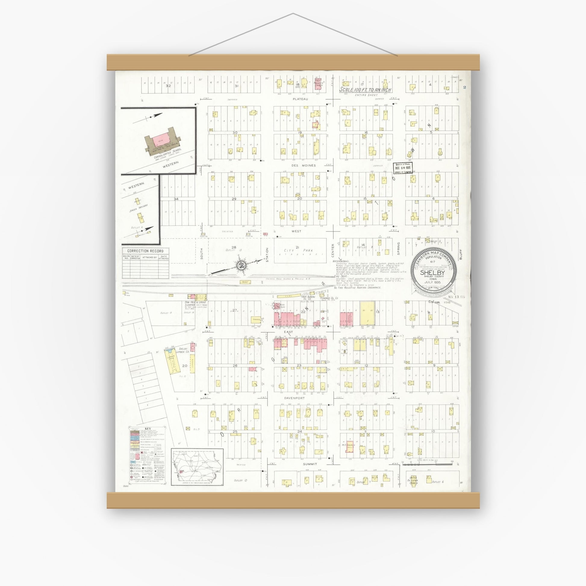 Old map wall art mockup — magnetic wood frame on white wall — Sanborn Fire Insurance Map from Shelby, Shelby County, Iowa (1935), Sheet #0001