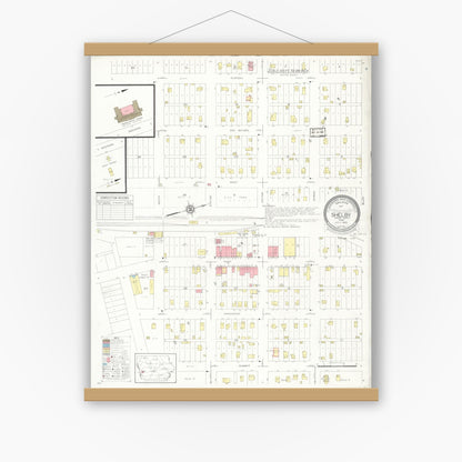 Old map wall art mockup — magnetic wood frame on white wall — Sanborn Fire Insurance Map from Shelby, Shelby County, Iowa (1935), Sheet #0001