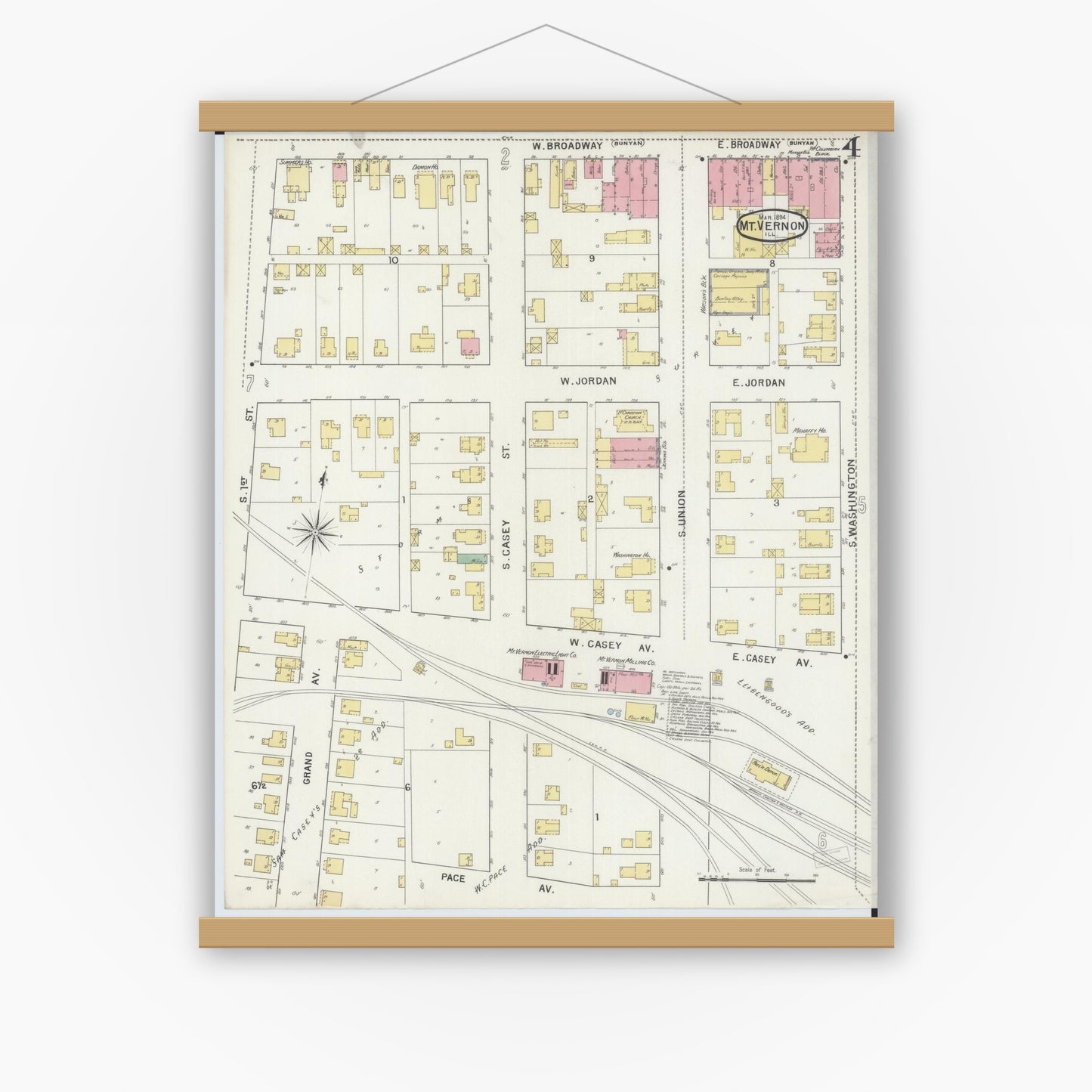 Old map wall art mockup — magnetic wood frame on white wall — Sanborn Fire Insurance Map from Mount Vernon, Jefferson County, Illinois (1894), Sheet #0004