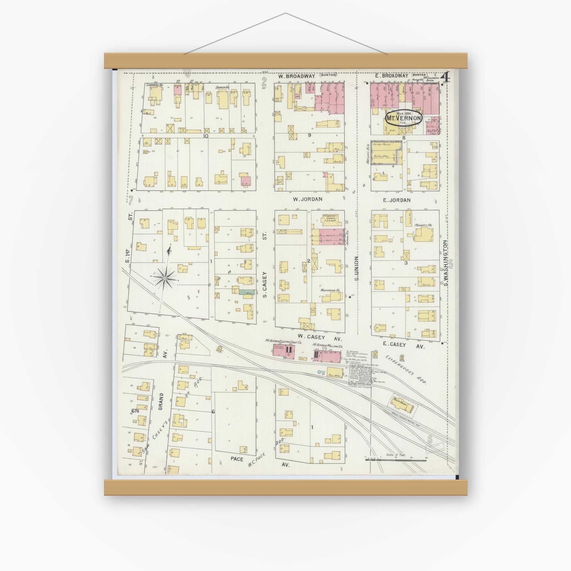 Old map wall art mockup — magnetic wood frame on white wall — Sanborn Fire Insurance Map from Mount Vernon, Jefferson County, Illinois (1894), Sheet #0004