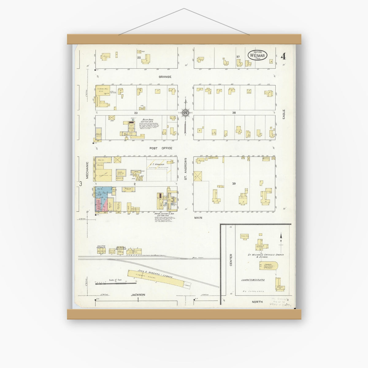 Old map wall art mockup — magnetic wood frame on white wall — Sanborn Fire Insurance Map from Weimar, Colorado County, Texas (1912), Sheet #0004