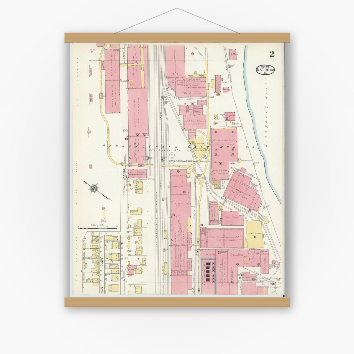 Old map wall art mockup — magnetic wood frame on white wall — Sanborn Fire Insurance Map from Natrona, Allegheny County, Pennsylvania (1912), Sheet #0002