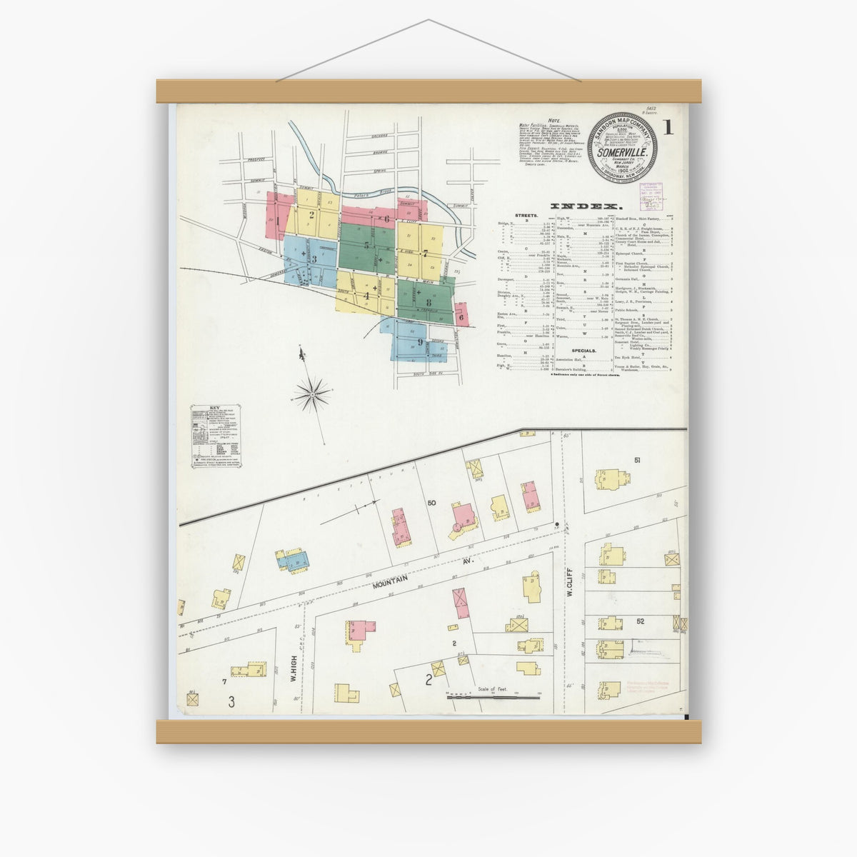 Old map wall art mockup — magnetic wood frame on white wall — Sanborn Fire Insurance Map from Somerville, Somerset County, New Jersey (1902), Sheet #0001