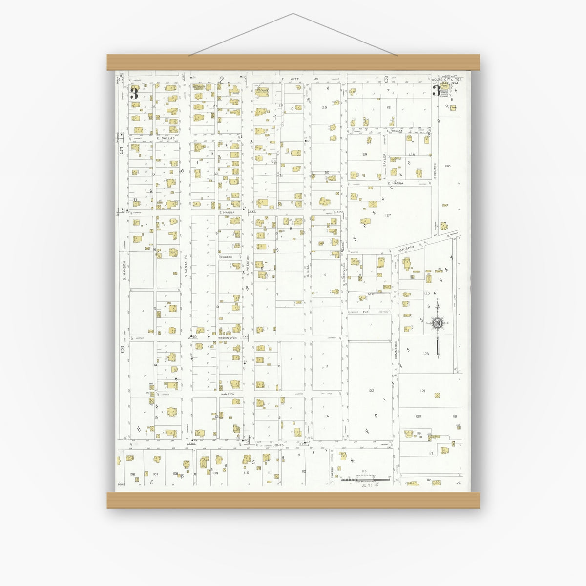 Old map wall art mockup — magnetic wood frame on white wall — Sanborn Fire Insurance Map from Wolfe City, Hunt County, Texas (1934), Sheet #0003