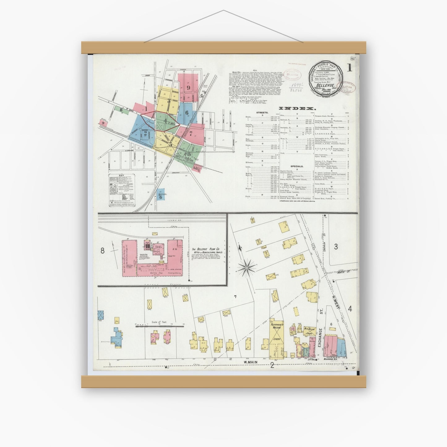 Old map wall art mockup — magnetic wood frame on white wall — Sanborn Fire Insurance Map from Bellevue, Huron And Sandusky County, Ohio (1899) - Complete Map Set