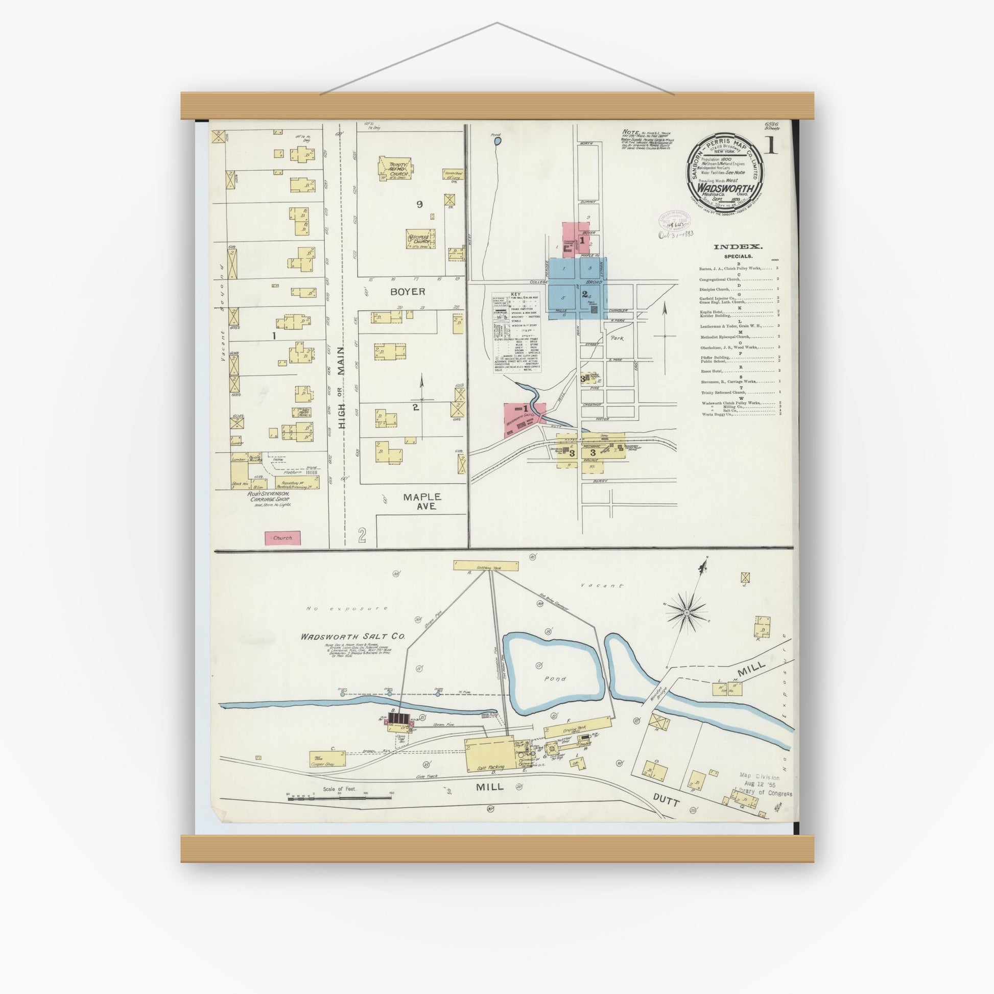 Old map wall art mockup — magnetic wood frame on white wall — Sanborn Fire Insurance Map from Wadsworth, Medina County, Ohio (1893), Sheet #0001