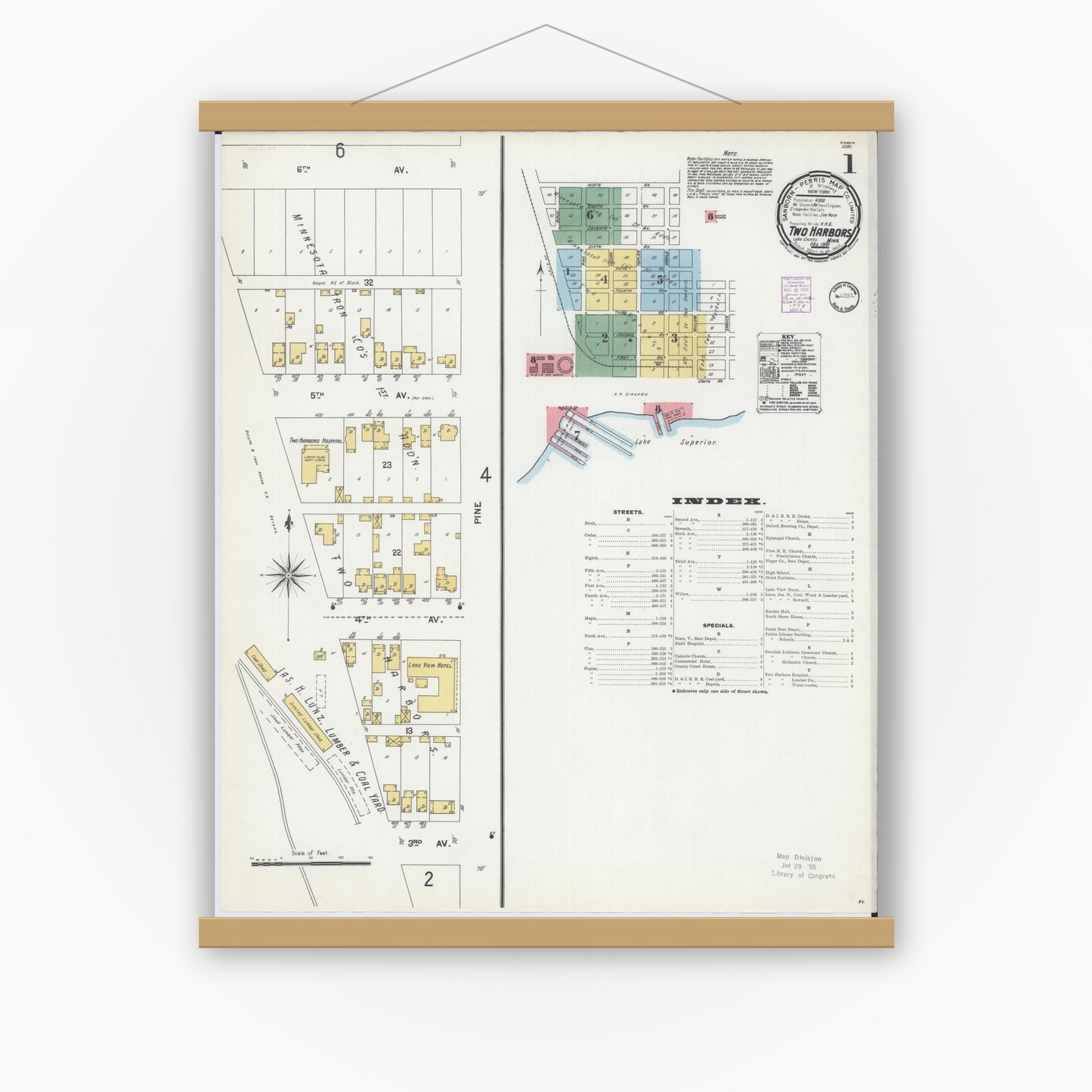 Old map wall art mockup — magnetic wood frame on white wall — Sanborn Fire Insurance Map from Two Harbors, Lake County, Minnesota (1901) - Complete Map Set