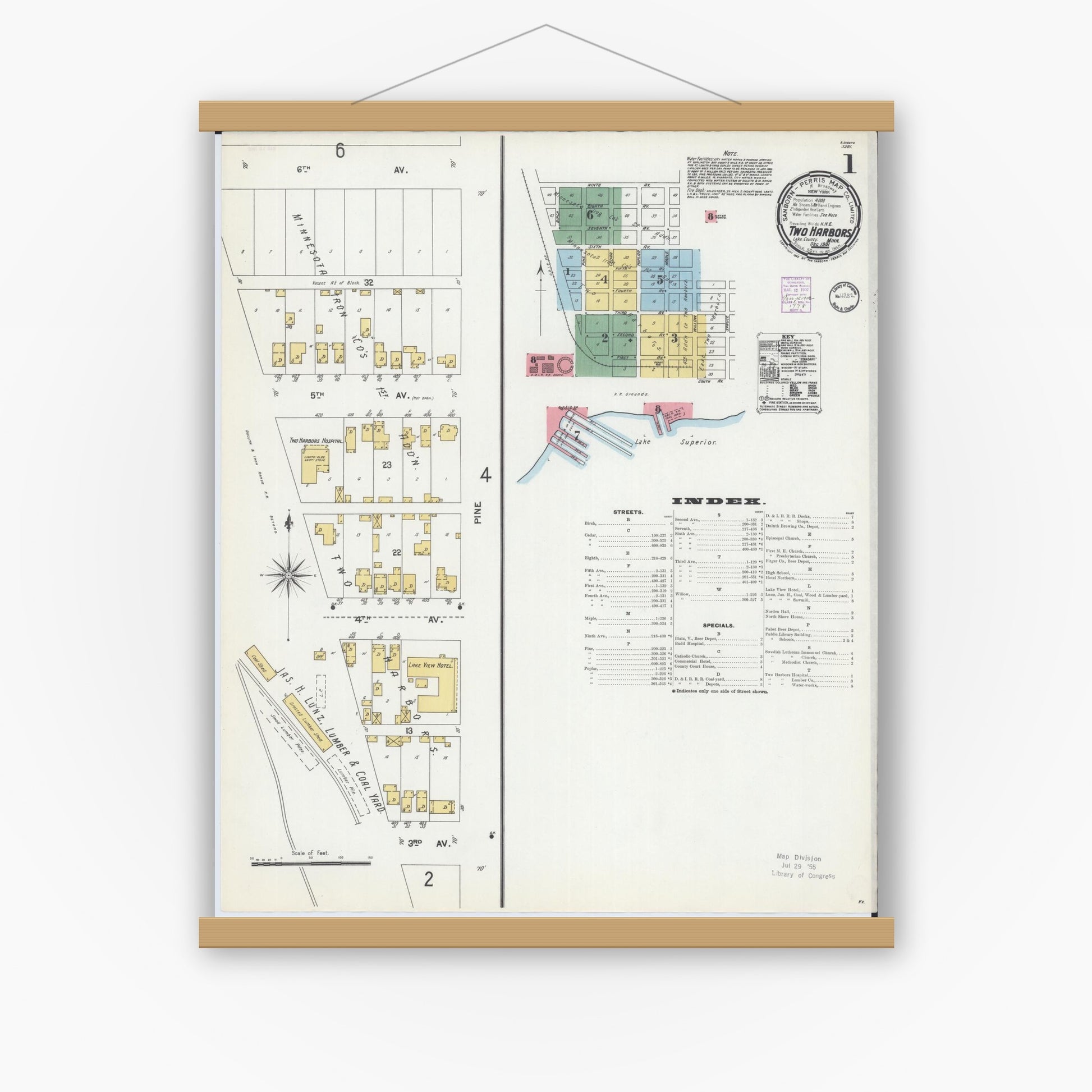 Old map wall art mockup — magnetic wood frame on white wall — Sanborn Fire Insurance Map from Two Harbors, Lake County, Minnesota (1901) - Complete Map Set