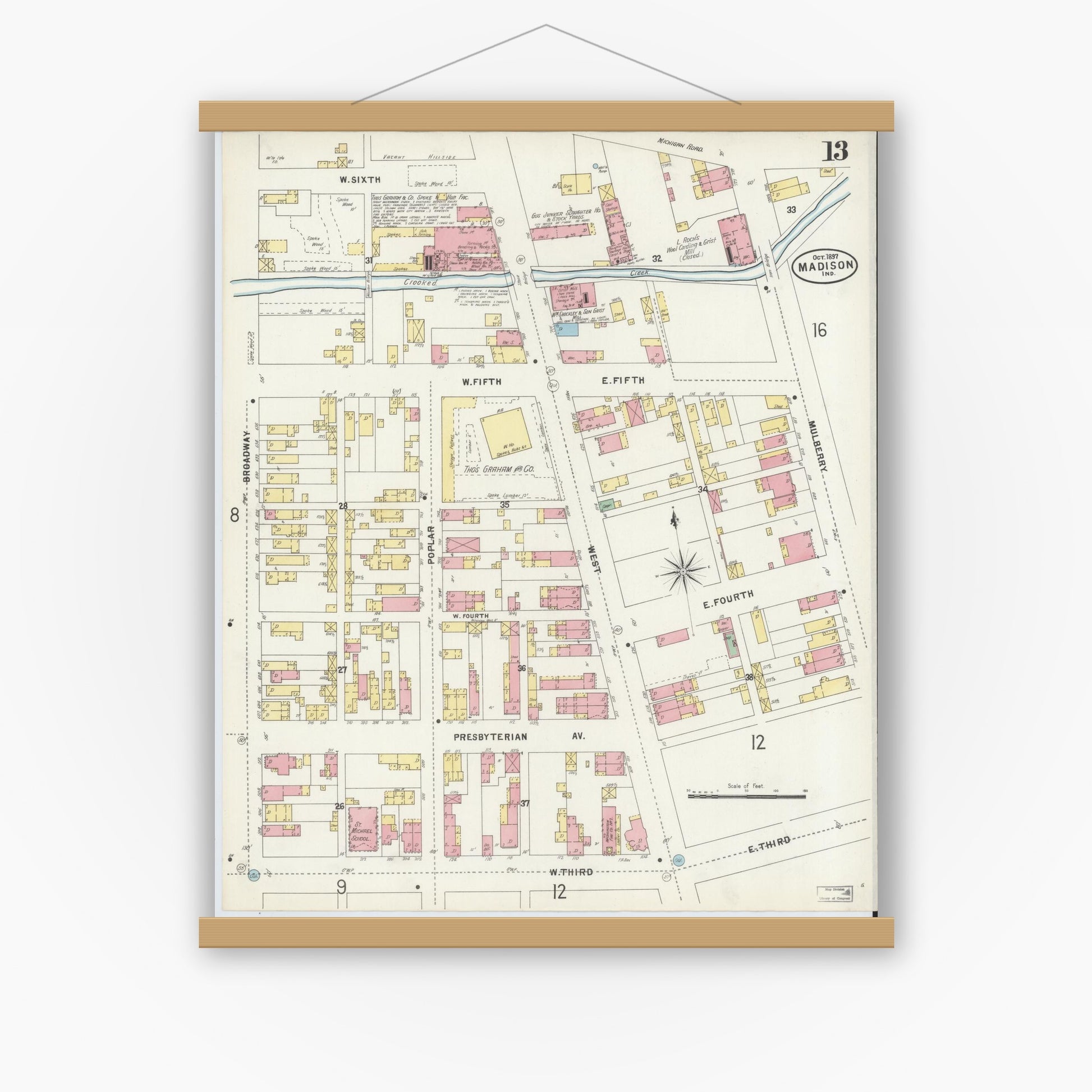 Old map wall art mockup — magnetic wood frame on white wall — Sanborn Fire Insurance Map from Madison, Jefferson County, Indiana (1897), Sheet #0013