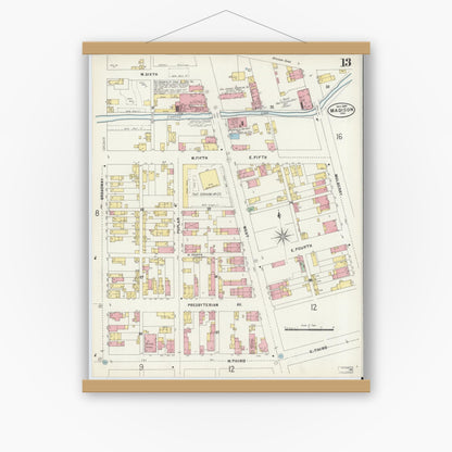 Old map wall art mockup — magnetic wood frame on white wall — Sanborn Fire Insurance Map from Madison, Jefferson County, Indiana (1897), Sheet #0013