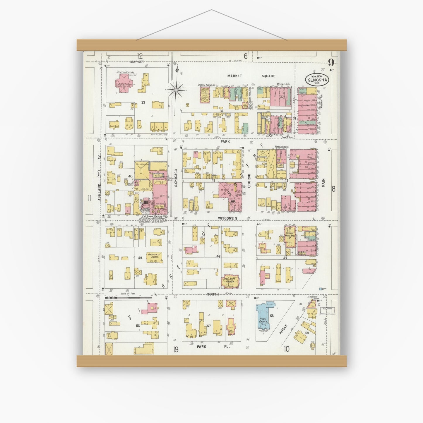 Old map wall art mockup — magnetic wood frame on white wall — Sanborn Fire Insurance Map from Kenosha, Kenosha County, Wisconsin (1900), Sheet #0009