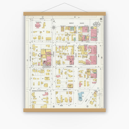 Old map wall art mockup — magnetic wood frame on white wall — Sanborn Fire Insurance Map from Kenosha, Kenosha County, Wisconsin (1900), Sheet #0009