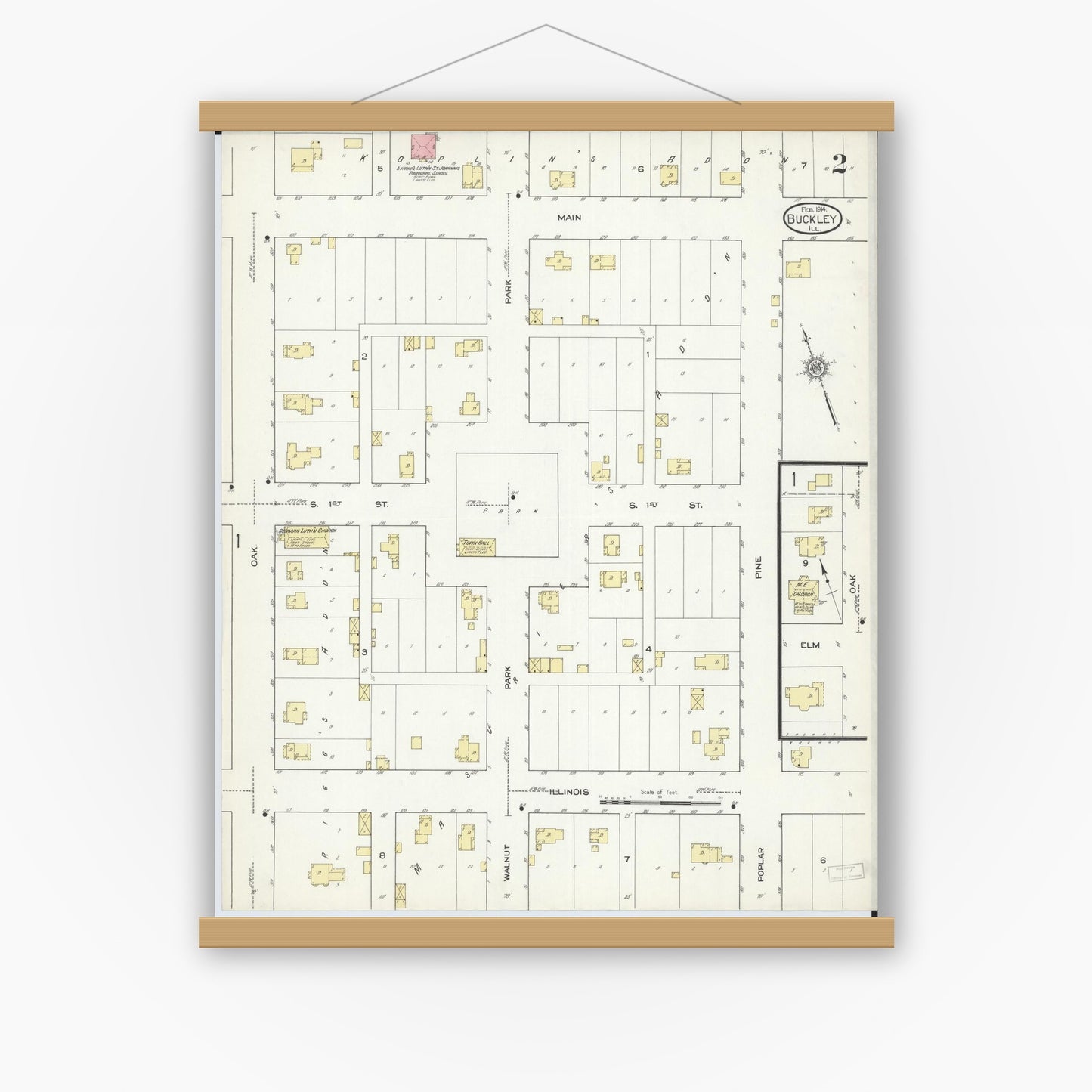 Old map wall art mockup — magnetic wood frame on white wall — Sanborn Fire Insurance Map from Buckley, Iroquois County, Illinois (1914), Sheet #0002