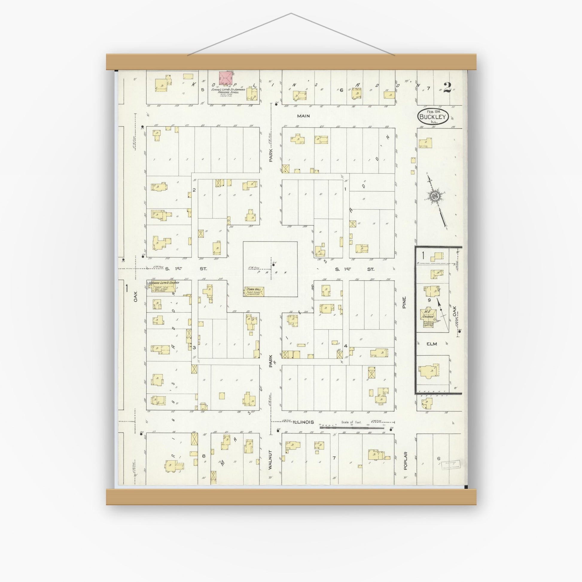 Old map wall art mockup — magnetic wood frame on white wall — Sanborn Fire Insurance Map from Buckley, Iroquois County, Illinois (1914), Sheet #0002