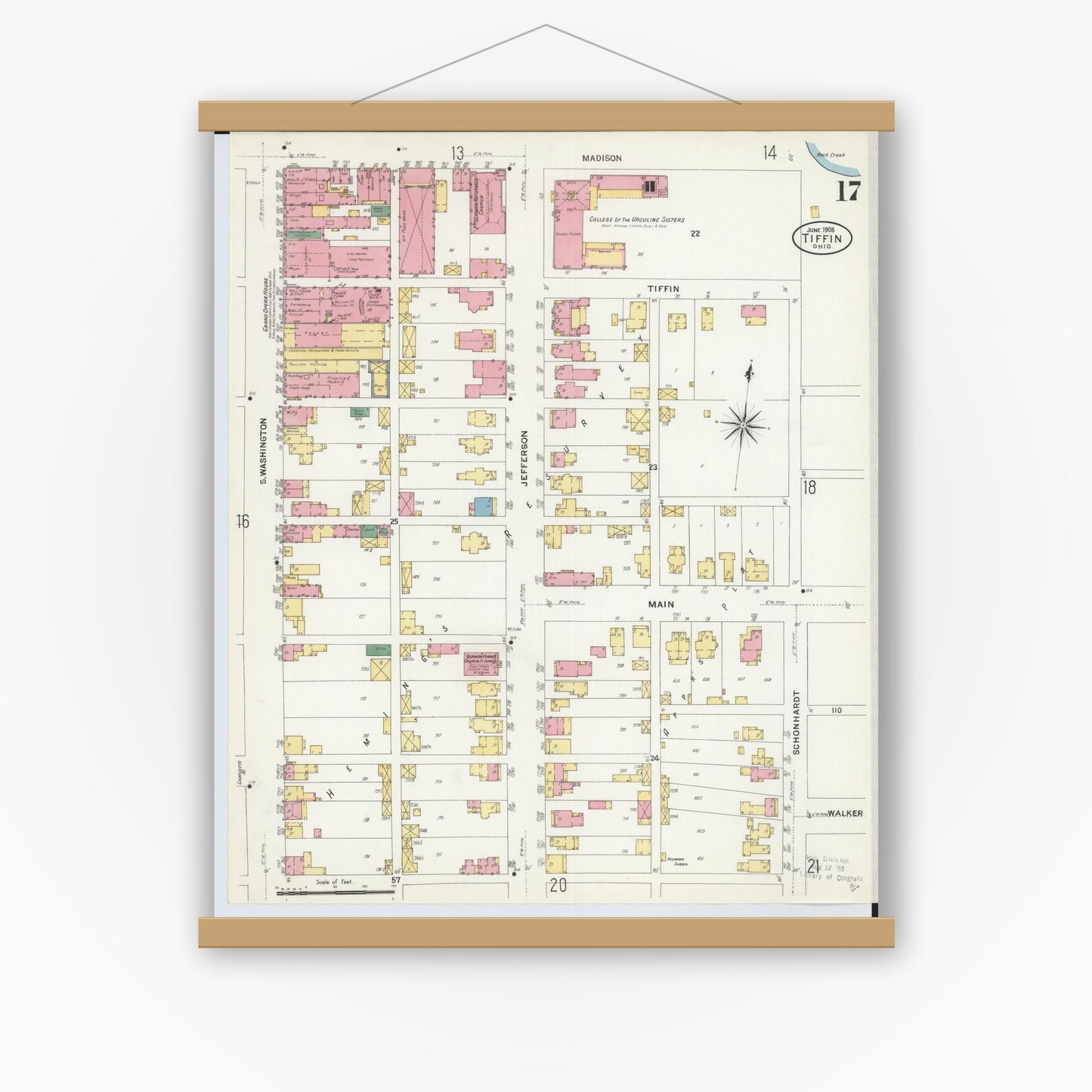 Old map wall art mockup — magnetic wood frame on white wall — Sanborn Fire Insurance Map from Tiffin, Seneca County, Ohio (1908), Sheet #0017