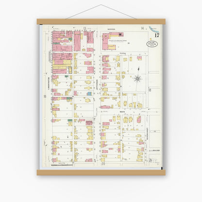Old map wall art mockup — magnetic wood frame on white wall — Sanborn Fire Insurance Map from Tiffin, Seneca County, Ohio (1908), Sheet #0017