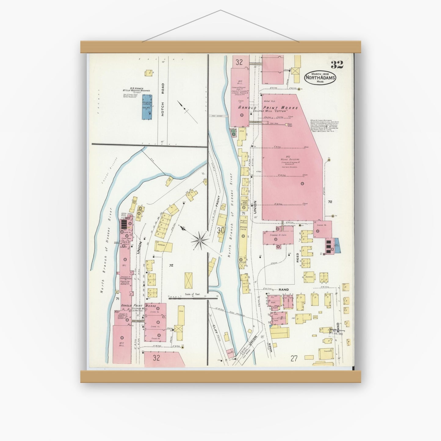 Old map wall art mockup — magnetic wood frame on white wall — Sanborn Fire Insurance Map from North Adams, Berkshire County, Massachusetts (1908), Sheet #0032