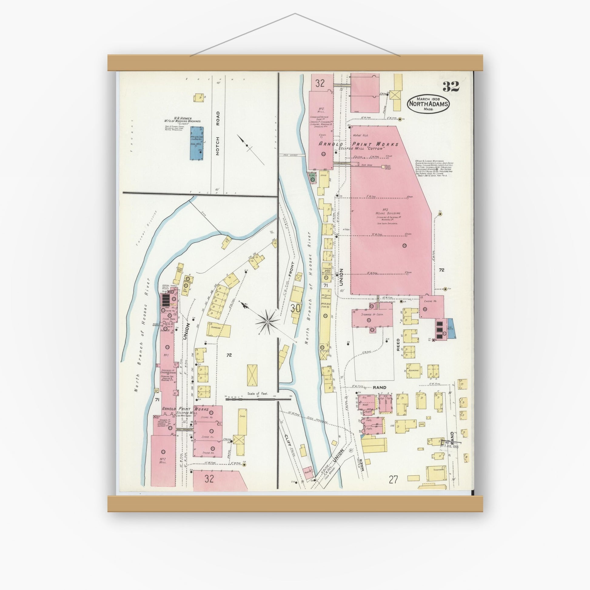 Old map wall art mockup — magnetic wood frame on white wall — Sanborn Fire Insurance Map from North Adams, Berkshire County, Massachusetts (1908), Sheet #0032