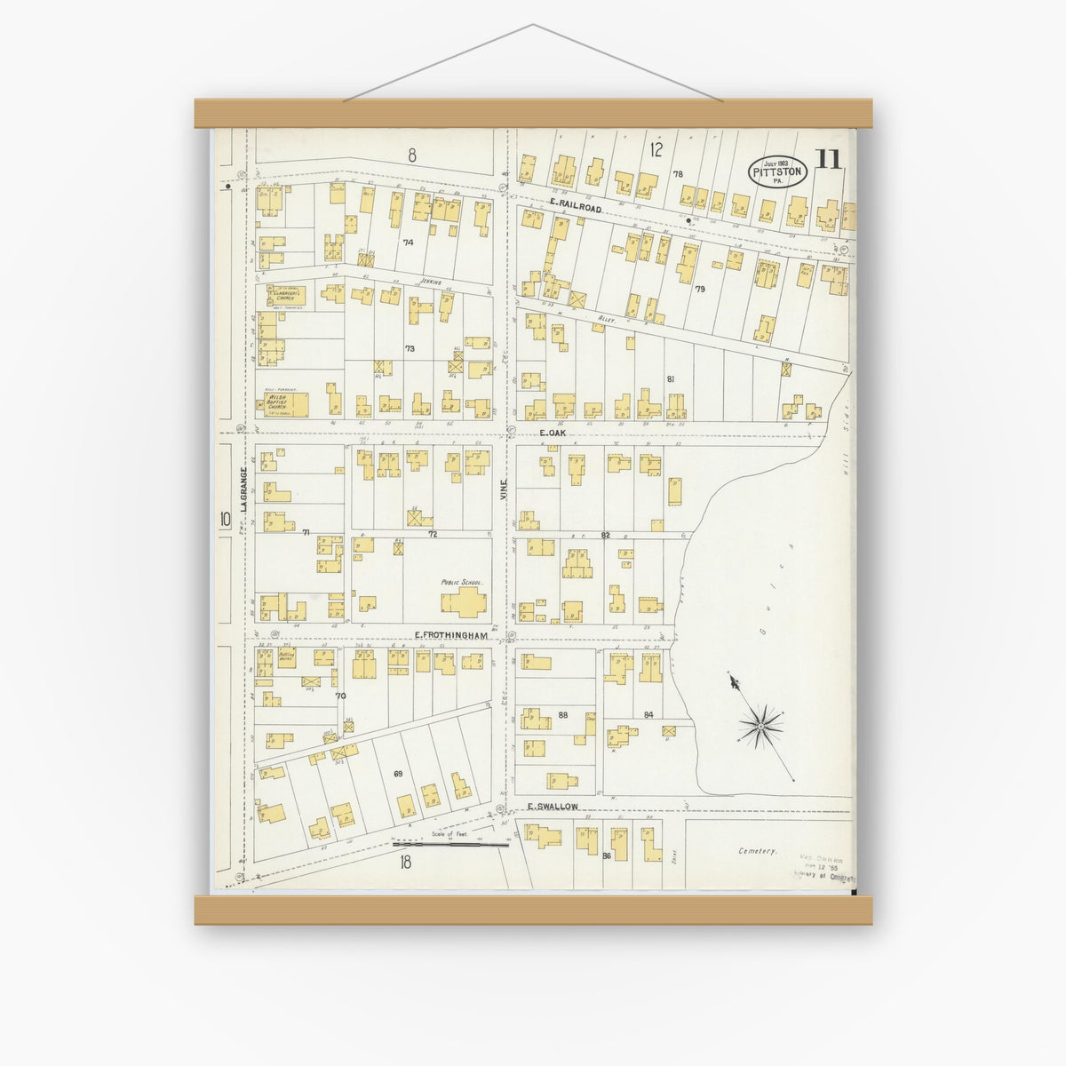 Old map wall art mockup — magnetic wood frame on white wall — Sanborn Fire Insurance Map from Pittston, Luzerne County, Pennsylvania (1903), Sheet #0011