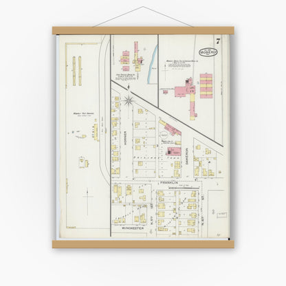 Old map wall art mockup — magnetic wood frame on white wall — Sanborn Fire Insurance Map from Moberly, Randolph County, Missouri (1893), Sheet #0007