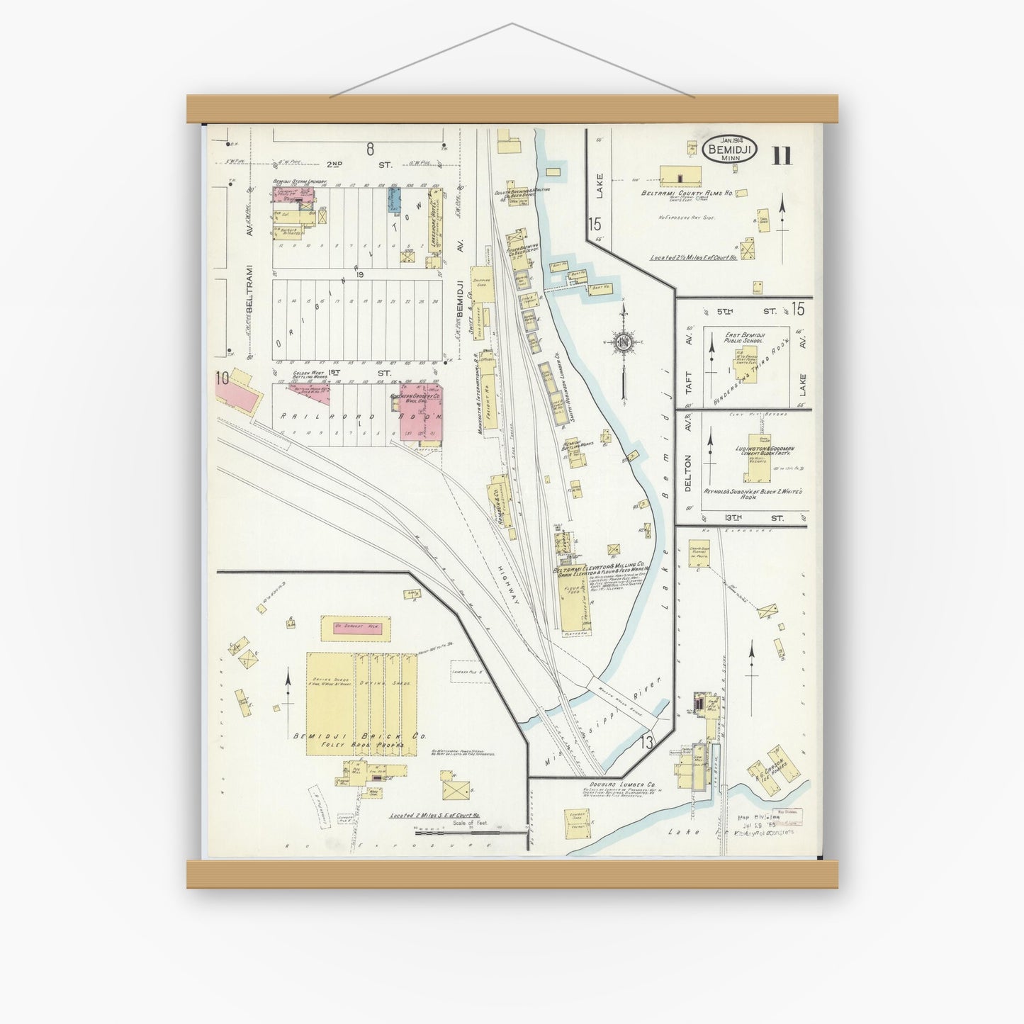 Old map wall art mockup — magnetic wood frame on white wall — Sanborn Fire Insurance Map from Bemidji, Beltrami County, Minnesota (1914), Sheet #0011
