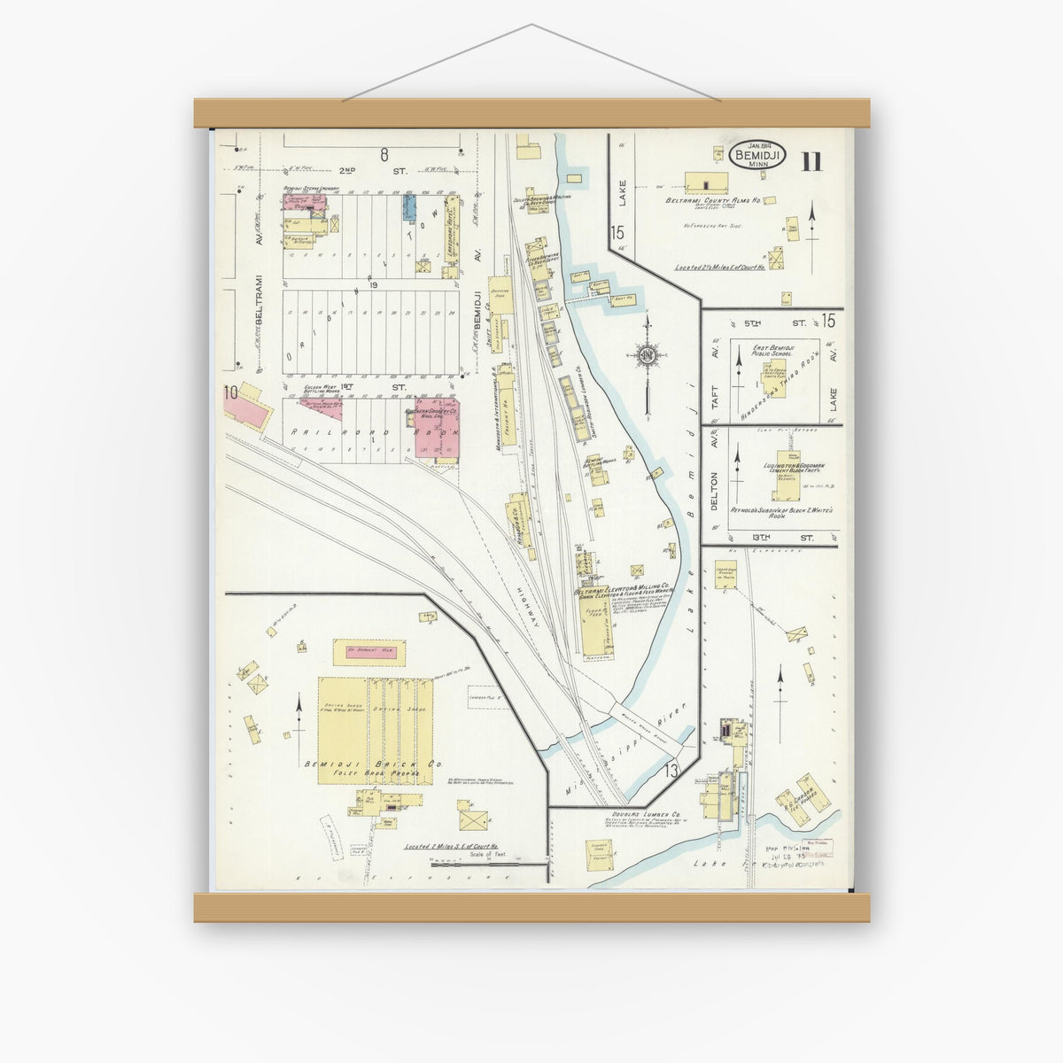 Old map wall art mockup — magnetic wood frame on white wall — Sanborn Fire Insurance Map from Bemidji, Beltrami County, Minnesota (1914), Sheet #0011