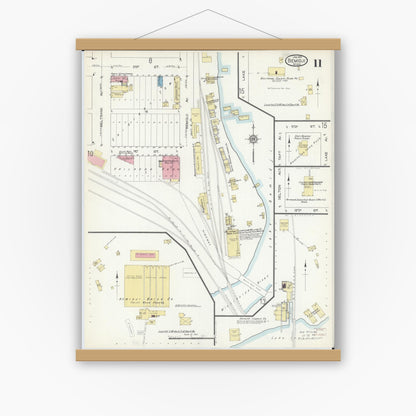 Old map wall art mockup — magnetic wood frame on white wall — Sanborn Fire Insurance Map from Bemidji, Beltrami County, Minnesota (1914), Sheet #0011
