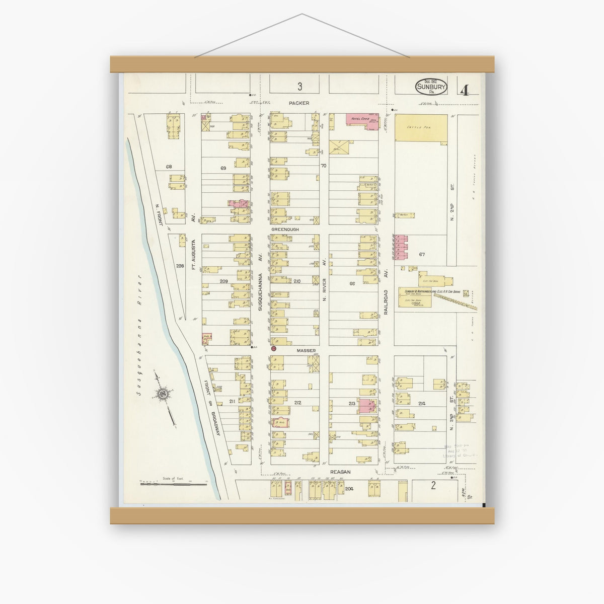 Old map wall art mockup — magnetic wood frame on white wall — Sanborn Fire Insurance Map from Sunbury, Northumberland County, Pennsylvania (1912), Sheet #0004
