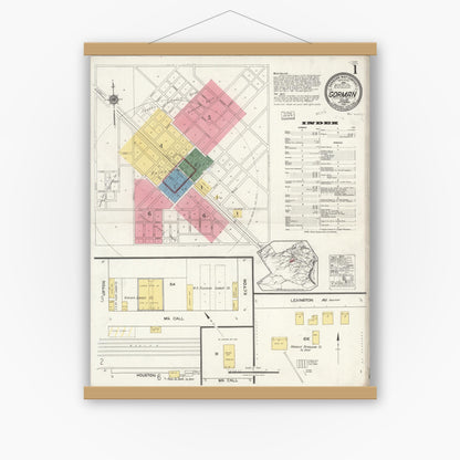Old map wall art mockup — magnetic wood frame on white wall — Sanborn Fire Insurance Map from Gorman, Eastland County, Texas (1921) - Complete Map Set