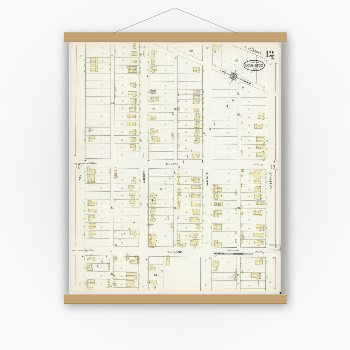 Old map wall art mockup — magnetic wood frame on white wall — Sanborn Fire Insurance Map from Covington, Independent Cities, Virginia (1913), Sheet #0012