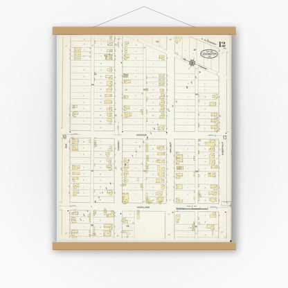 Old map wall art mockup — magnetic wood frame on white wall — Sanborn Fire Insurance Map from Covington, Independent Cities, Virginia (1913), Sheet #0012