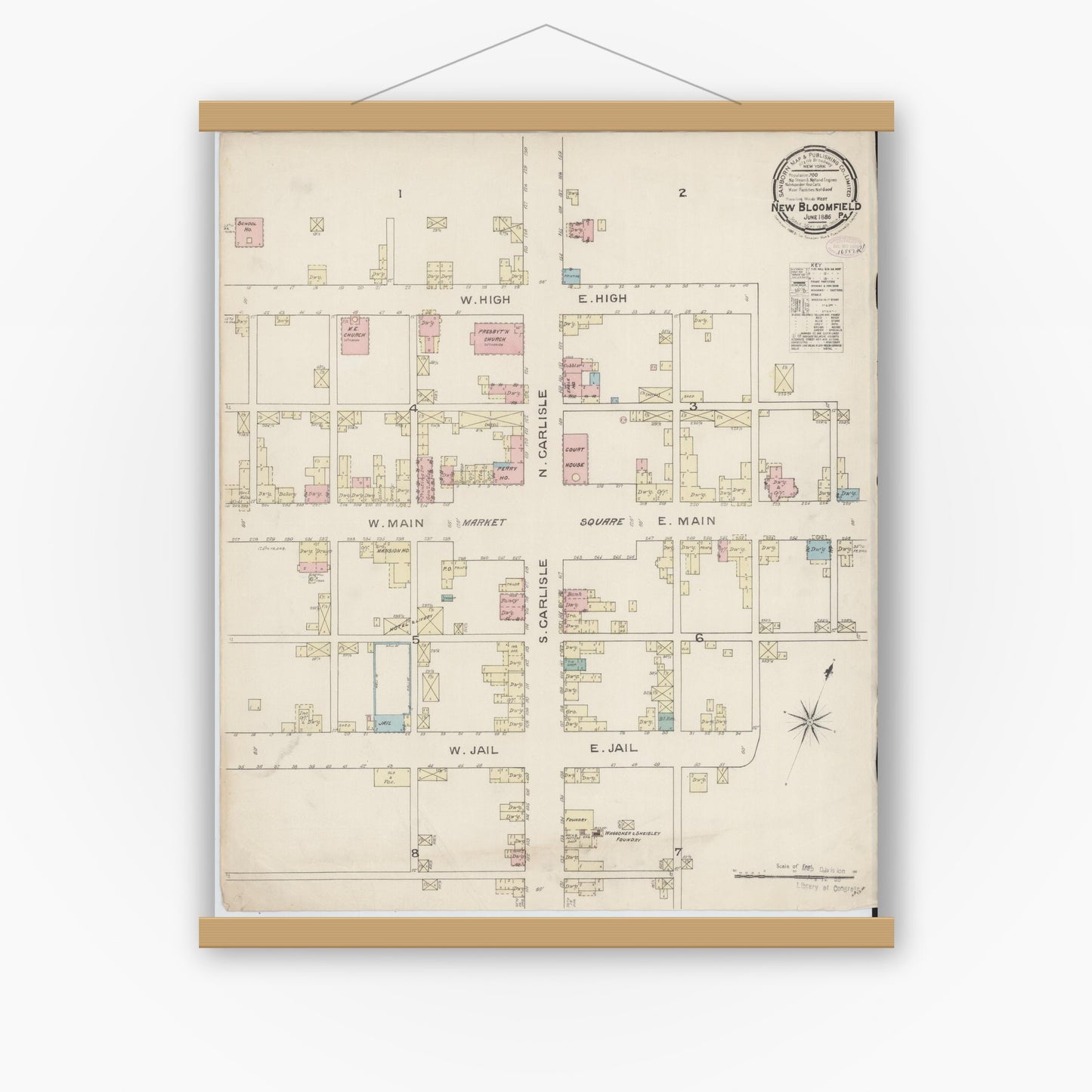 Old map wall art mockup — magnetic wood frame on white wall — Sanborn Fire Insurance Map from New Bloomfield, Perry County, Pennsylvania (1886), Sheet #0001