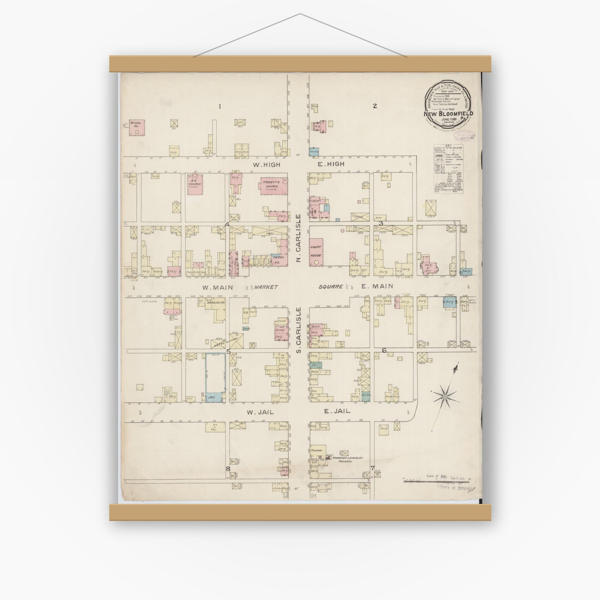 Old map wall art mockup — magnetic wood frame on white wall — Sanborn Fire Insurance Map from New Bloomfield, Perry County, Pennsylvania (1886), Sheet #0001