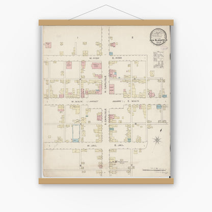 Old map wall art mockup — magnetic wood frame on white wall — Sanborn Fire Insurance Map from New Bloomfield, Perry County, Pennsylvania (1886), Sheet #0001