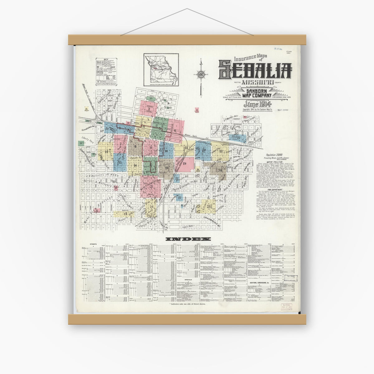 Old map wall art mockup — magnetic wood frame on white wall — Sanborn Fire Insurance Map from Sedalia, Pettis County, Missouri (1914), Sheet #0001