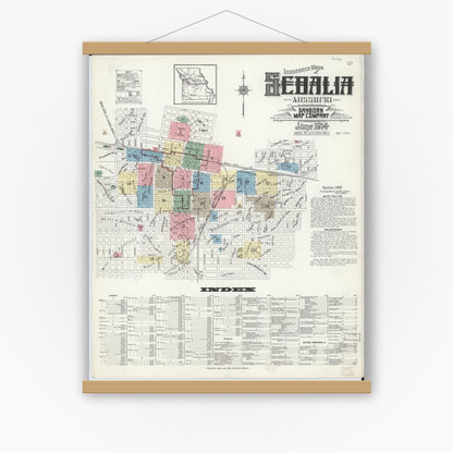 Old map wall art mockup — magnetic wood frame on white wall — Sanborn Fire Insurance Map from Sedalia, Pettis County, Missouri (1914), Sheet #0001